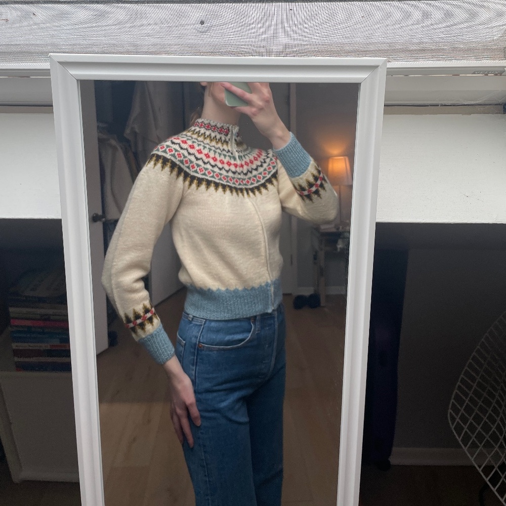 Vintage 70s Norwegian Wool Zip-Up Fair Isle Sweater - Picture 5 of 6